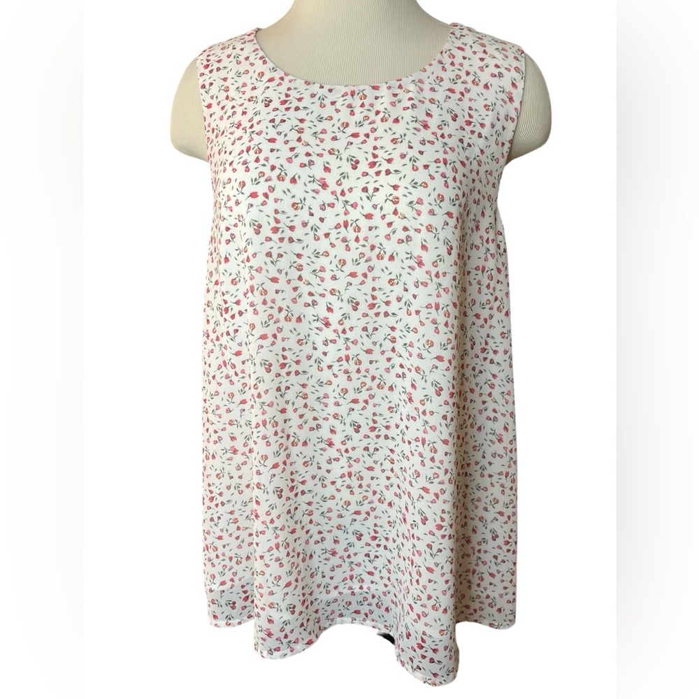PLEIONE Ivory Crewneck Sleeveless Lined Rosebud Pink Red Pullover Top Size LARGE